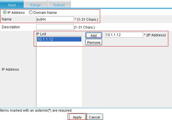 Figure 75 Configure an IP address resource Select the IP Address option. Type public as the name. Type 10.1.1.12 as the IP address. Then click Add to add this address to the IP list. Click Apply.