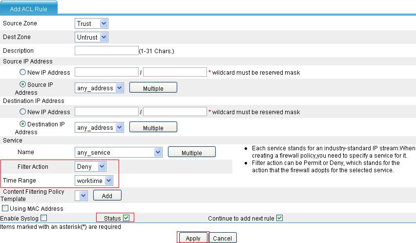 Select Trust as the source zone and Untrust as the destination zone. Select public as the address. Select Permit as the filter action. Select the Status box. Select the Continue to add next rule box.