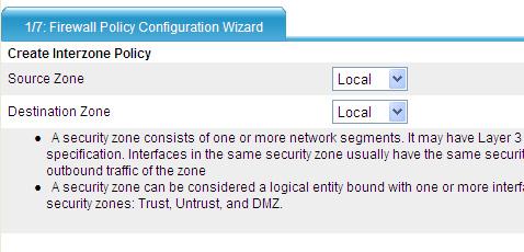 Figure 83 Firewall policy configuration wizard: 1/7 3. Configure the items on the page.