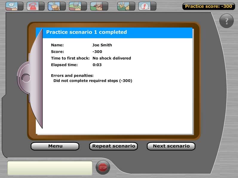 SCENARIO SUMMARY The Scenario Summary screen is automatically shown after you have completed all the steps in a scenario. It lists scenario information, errors and score.