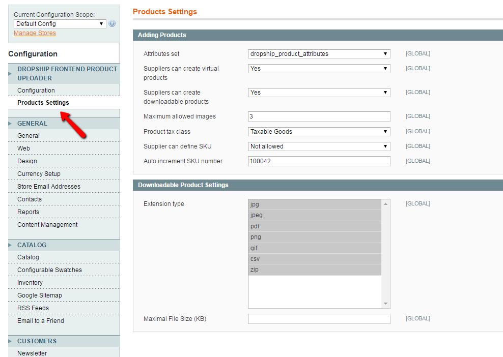 At the Admin Panel you can access the main Product Settings configuration screen by clicking System