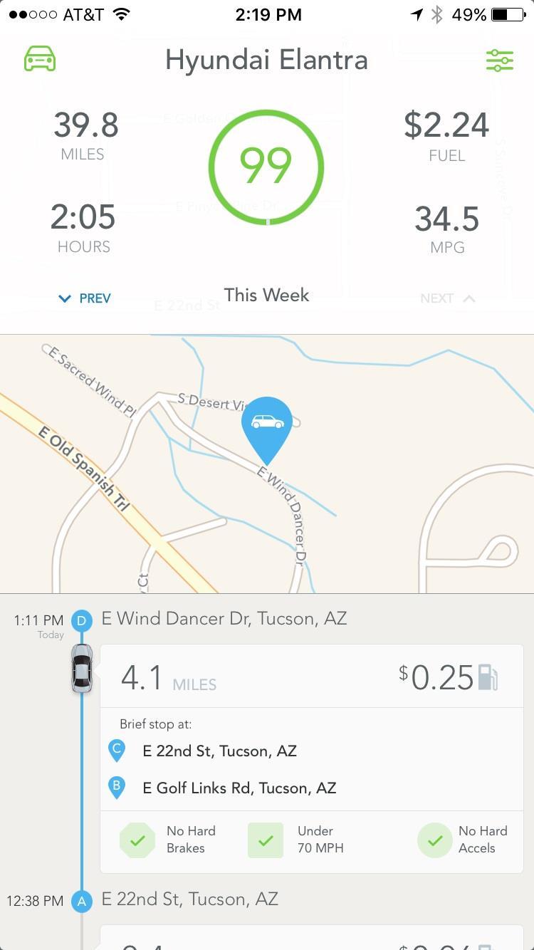 This information is shown in the smartphone app. You can examine any of the trip segments to see what route you took, the average speed, the time and the fuel cost.