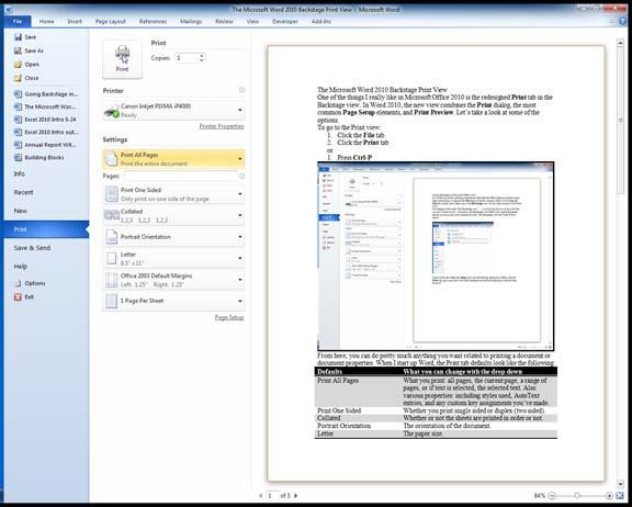Print and Print Preview Print In Word 2010, the new view combines the Print dialog, the most common Page Setup elements and Print Preview. To go to the Print view: 1. Click File. 2. Click Print.