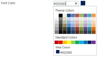 3. Font Color An input field to select the font color of the metro tile. By default, white color is used. The Color popup has the same functionality as explained in Background Color.
