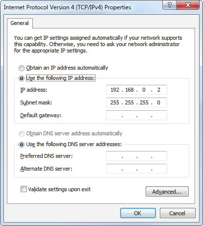 Figure 3-15 Configuring the internet protocol on the remote computer using the Internet Protocol (TCP/IP) Properties dialog box under Windows 7 5.