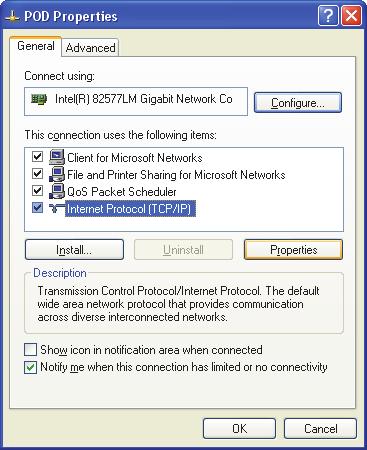 Figure 3-17 The [Connection Name] Properties dialog box on the computer under Windows XP (3) In the Internet Protocol (TCP/IP) Properties dialog box, click Use the following IP