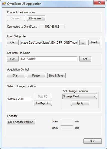 Connect to/ disconnect from an OmniScan ix. Set the data file name. Select where to save the data files on an OmniScan ix or on a computer. Load an OmniScan ix setup file.