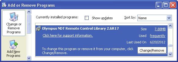 Figure 1-1 Finding the version number of the NDT Remote Control Library under Windows XP using the Add or Remove Programs window To find the version number of the NDT Remote