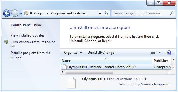 The Uninstall or change a program panel is displayed. 3. Scroll down to Olympus NDT Remote Control Library [version number].