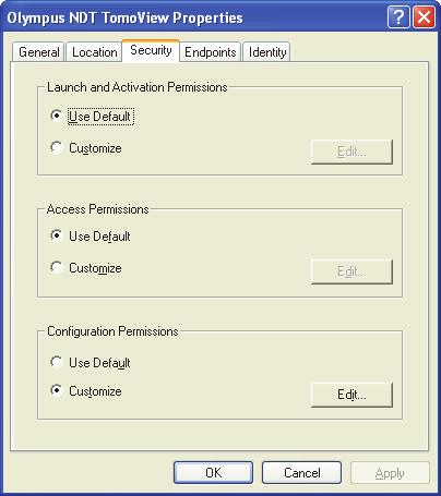 Figure 2-20 The Security tab of the Olympus NDT TomoView Properties dialog box 24.