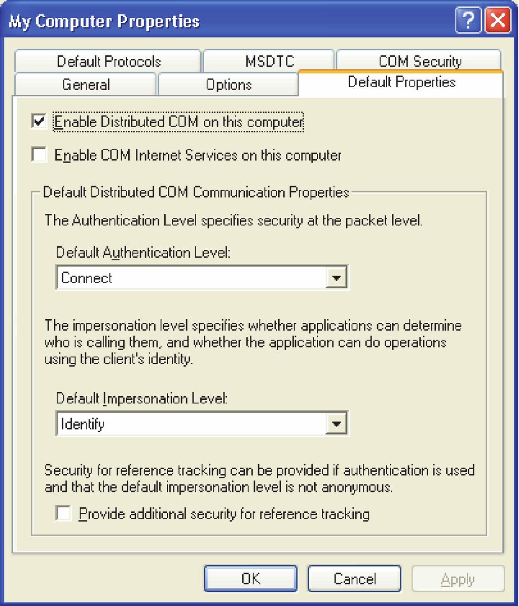 4. In the My Computer Properties dialog box (see Figure 2-24 on page 48): a) Click the Default Properties tab. b) Select the Enable Distributed COM on this computer check box.