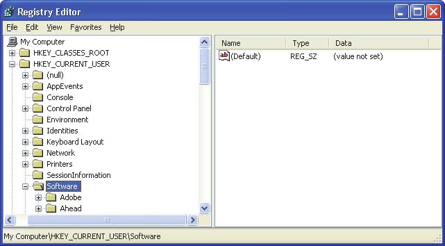 Figure 2-27 The Run dialog box 4. In the Registry Editor window (see Figure 2-28 on page 51): a) Expand the HKEY_CURRENT_USER folder. b) Expand the Software folder.