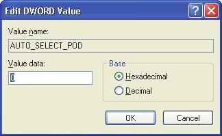 Figure 2-30 The Edit DWORD Value dialog box for the AUTO_SELECT_POD file b) In the Value data box, type 1, and then click OK.