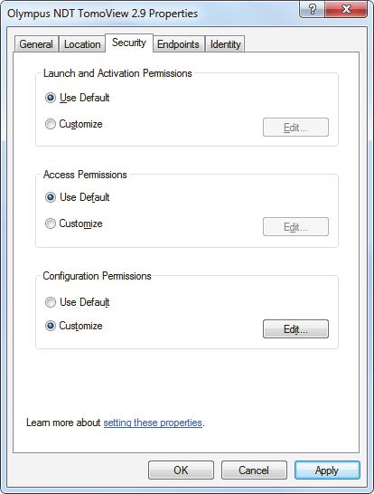 Figure 2-50 The Security tab of the Olympus NDT TomoView Properties dialog box c) Click the Identity tab