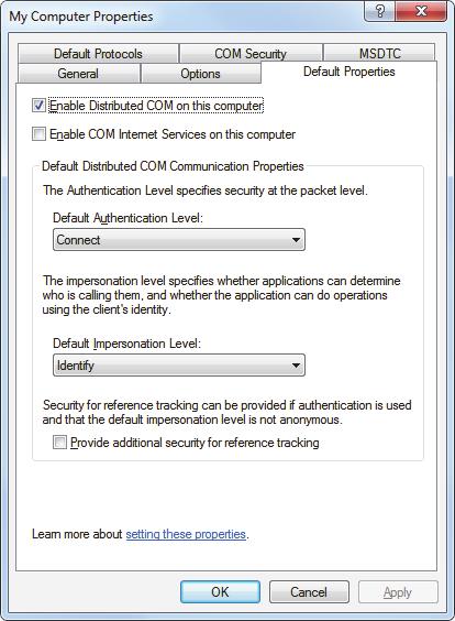 4. In the My Computer Properties dialog box (see Figure 2-54 on page 73): a) Click the Default Properties tab. b) Select the Enable Distributed COM on this computer check box.