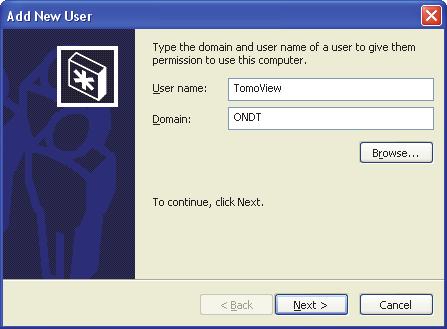 New User dialog box, enter a user name in the User name box and a domain name in the Domain box (see Figure