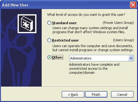 Figure 3-4 Adding a user in the Add New User dialog box under Windows XP Select Other, set the access level