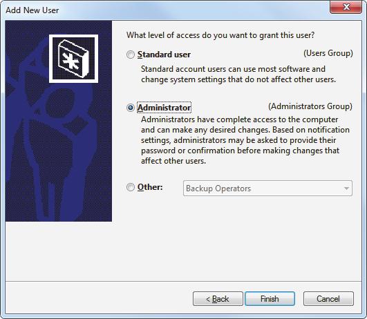 Figure 3-7 Setting the access level of a user in the Add New User dialog box under Windows 7 3.