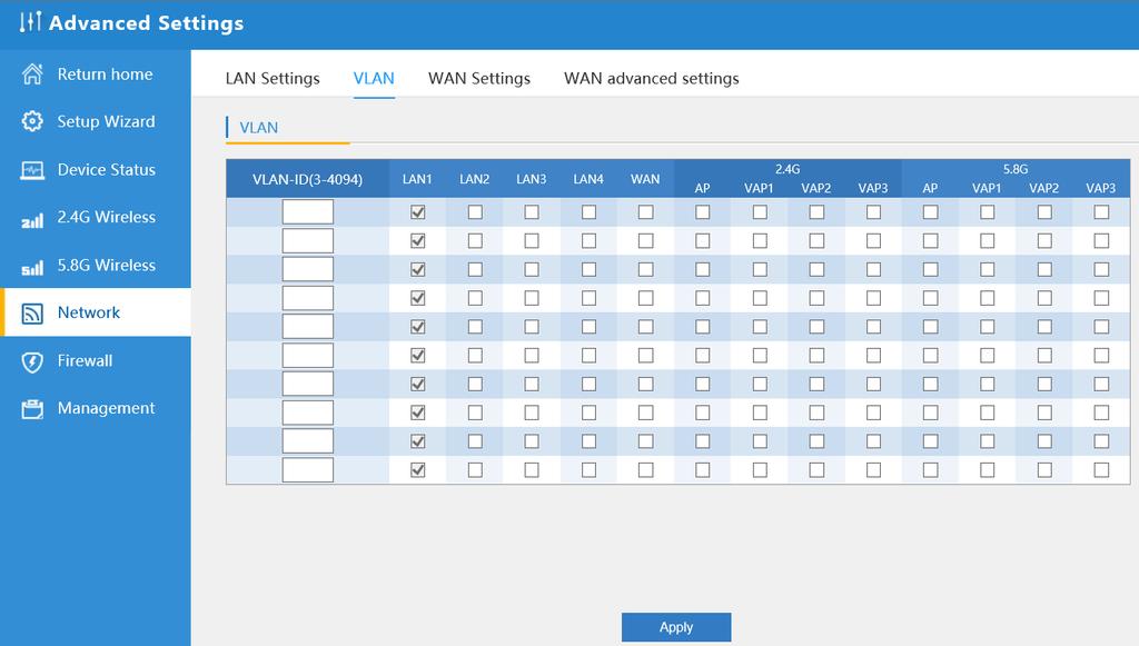 P43 Network Setting In VLAN part, need an VLAN switch and make sure the multi SSID is enable, then input the VLAN ID to different SSID. 4.3.7 Management: P44 Tag VLAN Setting In this part, show the system time, Logs, upgrade firmware, system, user info.