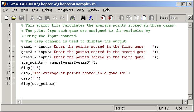 EXAMPLE OF A SCRIPT FILE THAT USES THE input AND disp COMMANDS 85