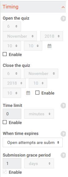 Timing 52. Open the quiz: Specify times when quiz is accessible for students to make attempts. 53. Close the quiz: After closing time students will not be able to start new attempts 54.