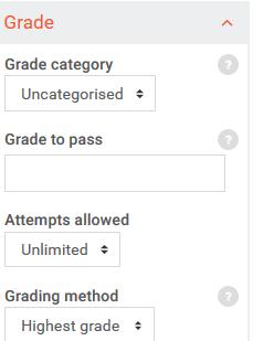 Grade 57. Grade category: Select Grade category (if your Gradebook is set up) 58. Grade to pass: Minimum grade a student must attain to be considered passing for this quiz.