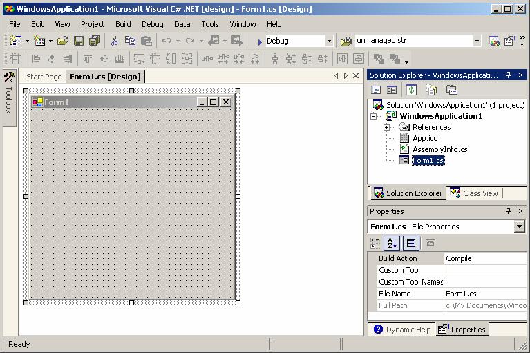 Applications menu title bat tabs menu bar active tab Form (windows application) Solution Explorer Properties window Visual
