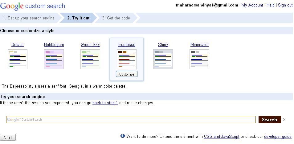 Figure 15: Enter title, description, language, specific sites to search C. Step 3 - Select a style and try your search engine.