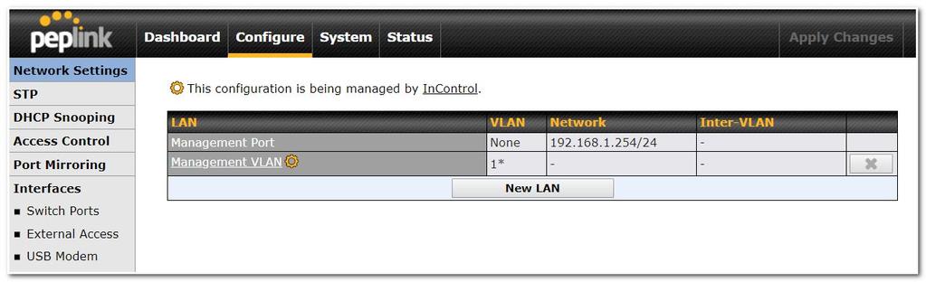 of the Switch web interface. The default VLAN is marked with a * in the overview.