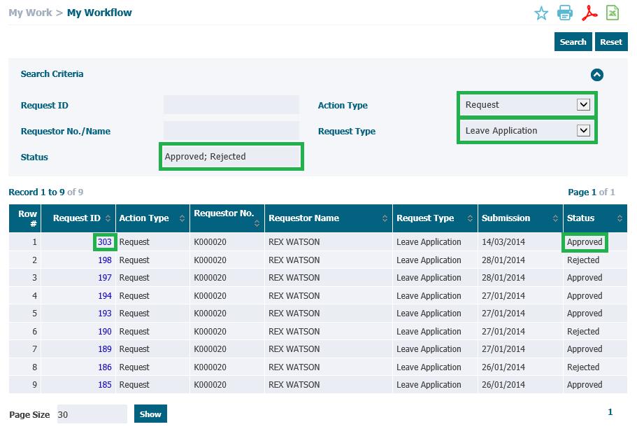 Figure E6.4: My Workflow (Approver View) Summary Page (Approved/Rejected For Application) 8. Click on the Approve or Reject button to approve/reject your subordinate leave application.