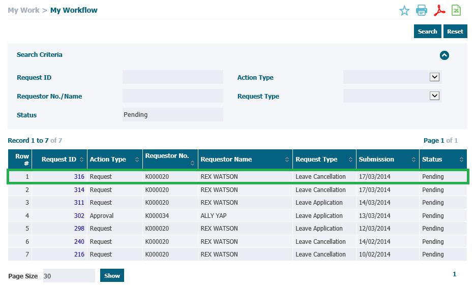 Figure E7.6: My Workflow (Applicant View) Summary Page (Pending Approval For Cancellation) 12.