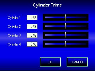 Cylinder Trims Cylinder Trims allows you to tune the fuel by adding or taking fuel away from the current map in the Power Commander. Adjustments can be made to each individual cylinder +/- 5%.