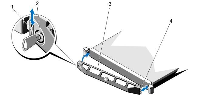 Figure 10. Removing and installing the front bezel 1 release latch 2 keylock 3 front bezel 4 locking hook Installing the front bezel 1 Hook the right end of the bezel onto the chassis.