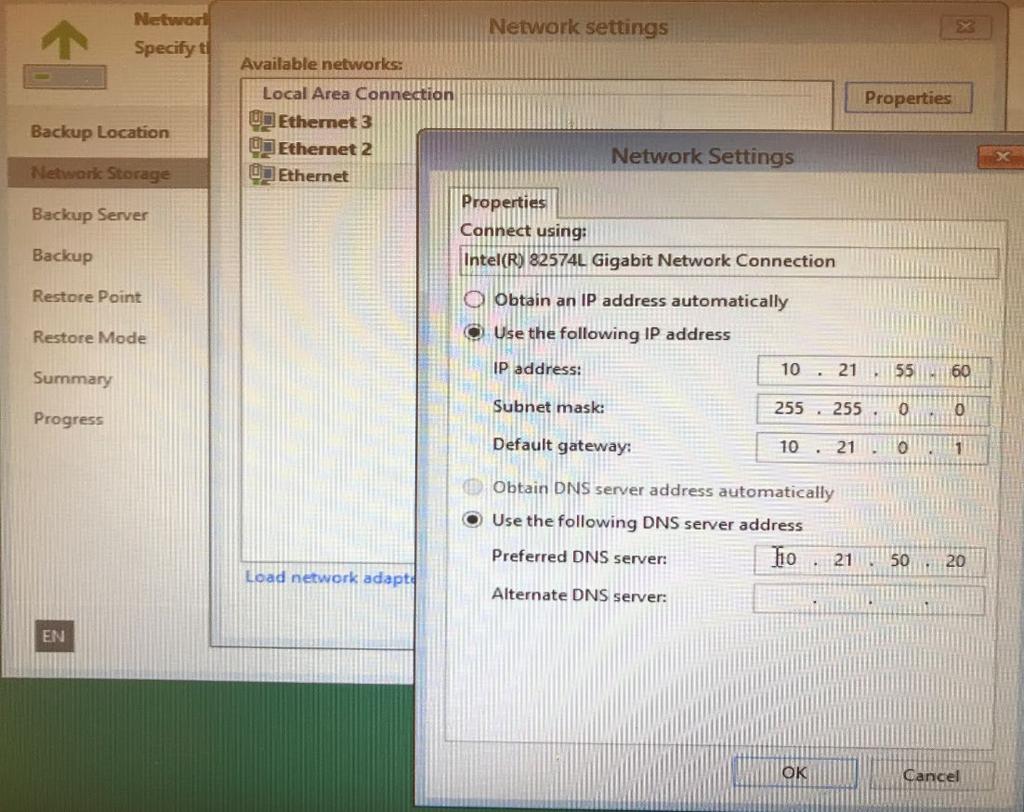 Backup and Restore Functionality 12. On the Network Settings screen, select the correct network adapter with the valid IP address, and then click OK. Figure 9-9: Network Settings 13.