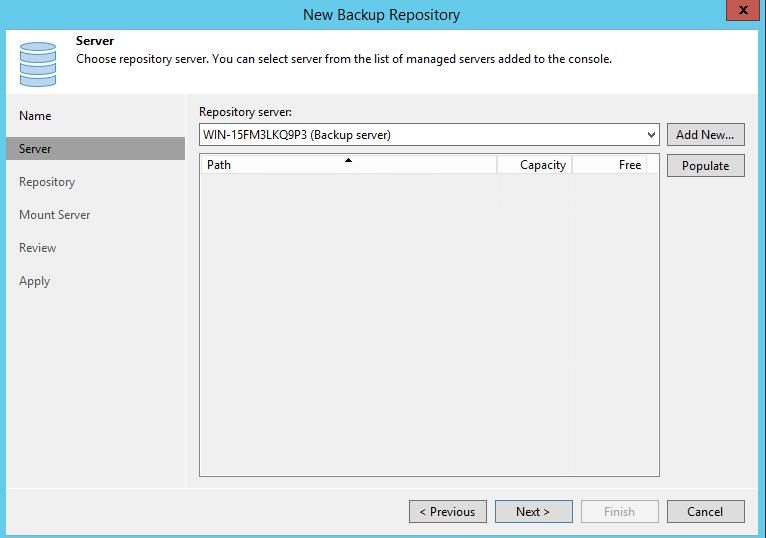 Backup and Restore Functionality 7. On the New Backup Repository - Server screen, click Add New. Figure 5-5: New Backup Repository - Server 8.
