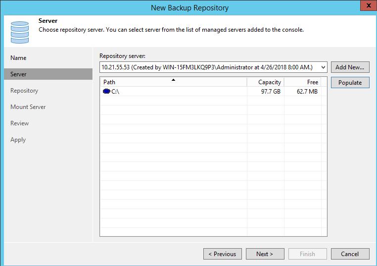 Configuration Note 5. Backing up the Repository 17. In the 'Path to folder' field, select the path to be used as the root for the repository. Figure 5-13: New Backup Repository Server C:\ Path 18.