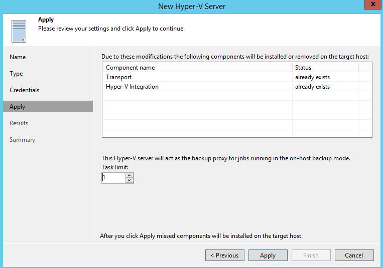 Configuration Note 6. Adding CloudBond 365 Hyper-V to VBR 12. In the 'task limit' field, select 1, and then click Next.