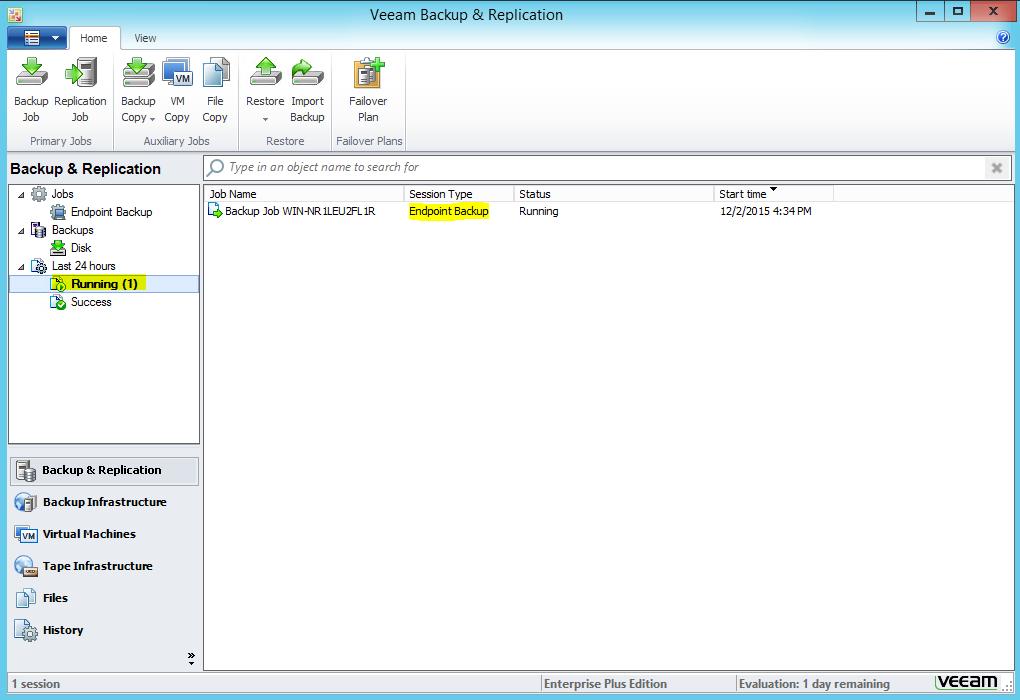 Backup and Restore Functionality VBR Jobs: Click Running to view display.