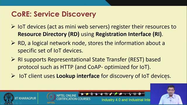 (Refer Slide Time: 19:30) CoRE devices are mini web servers that register their resources to the resource directory and registration interface.