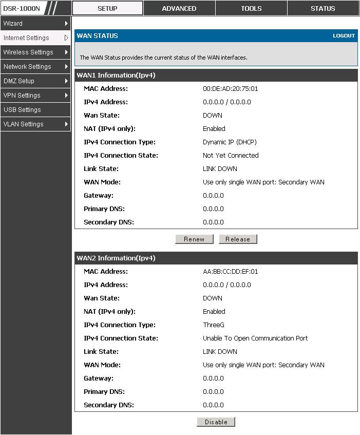 User Manual Figure 15: Connection Status information for both WAN ports The WAN status page allows you to Enable or Disable static