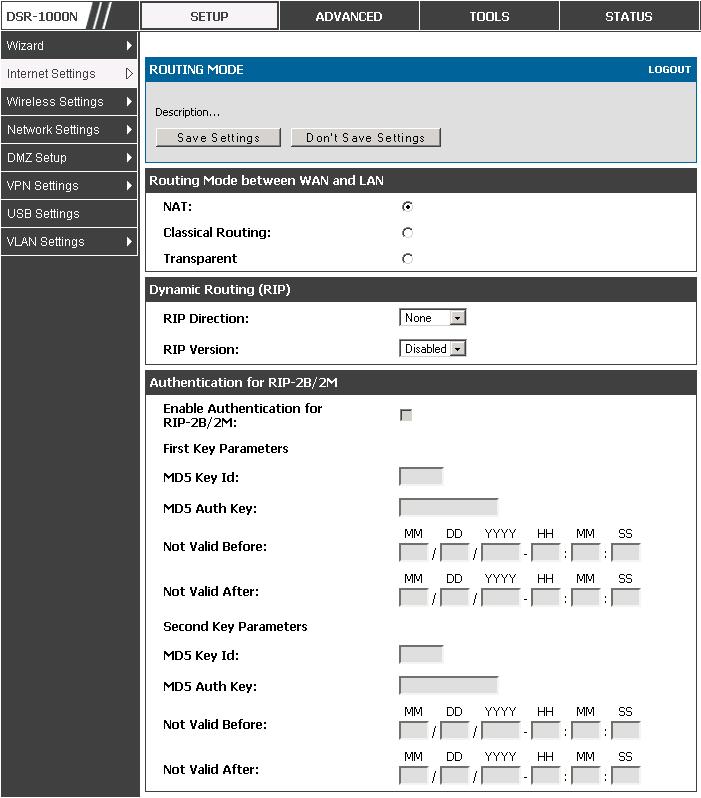 D-Link DSR Series Router Figure 21: The Routing Mode page is used to configure the device s routing between WAN and LAN, as well as Dynamic routing (RIP) 3.5.