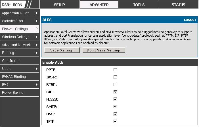 D-Link DSR Series Router Figure 40: Available ALG support on the router. 5.