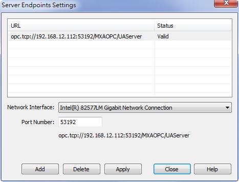 Getting Started Server Endpoints Settings Server Endpoints Settings are a list of interfaces that UA clients can use to communicate with MX-AOPC UA Server.