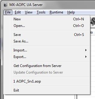 Configuration Console Menu Items All operations can be accessed from the following Menu items. File Use the File menu to manage project files, device tags, and server configuration.