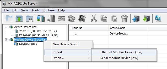 csv) in the popup menu to import a list of Modbus devices into device groups. Select a csv file on your PC to import the devices listed in the csv file into the Device Groups.