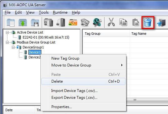 Device Management Deleting a Modbus Device Right click the Modbus device and then click