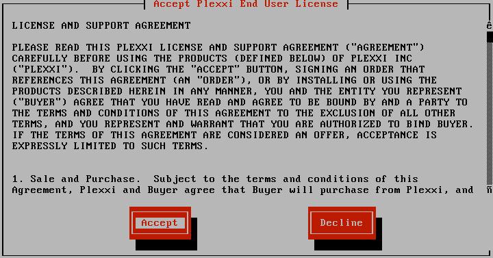 8. The Plexxi End User License agreement opens. To accept the agreement, press Tab to select the Accept button, then press Enter.
