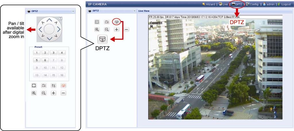 Note: When this function is enabled, Face Tracking, Smart Zoom, and optical zoom are not allowed to use. STEP1: Click DPTZ to show the DPTZ control panel.