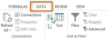 WORKING WITH DATA SORT AND FILTER SORT A SHEET 1. Select a cell in the column you wish to sort by. 2.