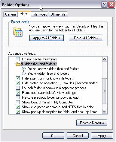 Showing Hidden Files/Folders Select the Tools menu and the option Folder options... Select the tab View.
